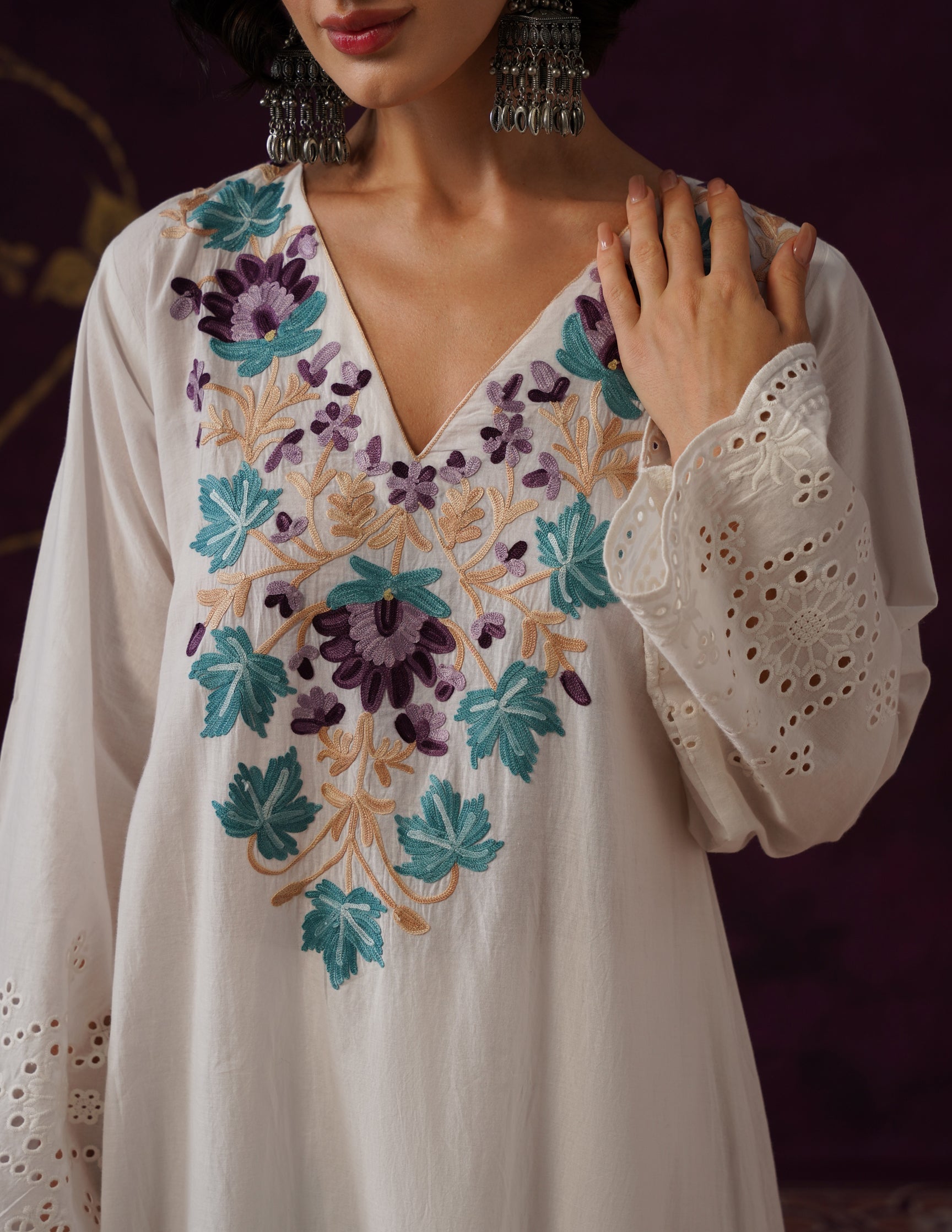 Off-White Schiffli &amp; Aari Embroidered Cambric Cotton Gown