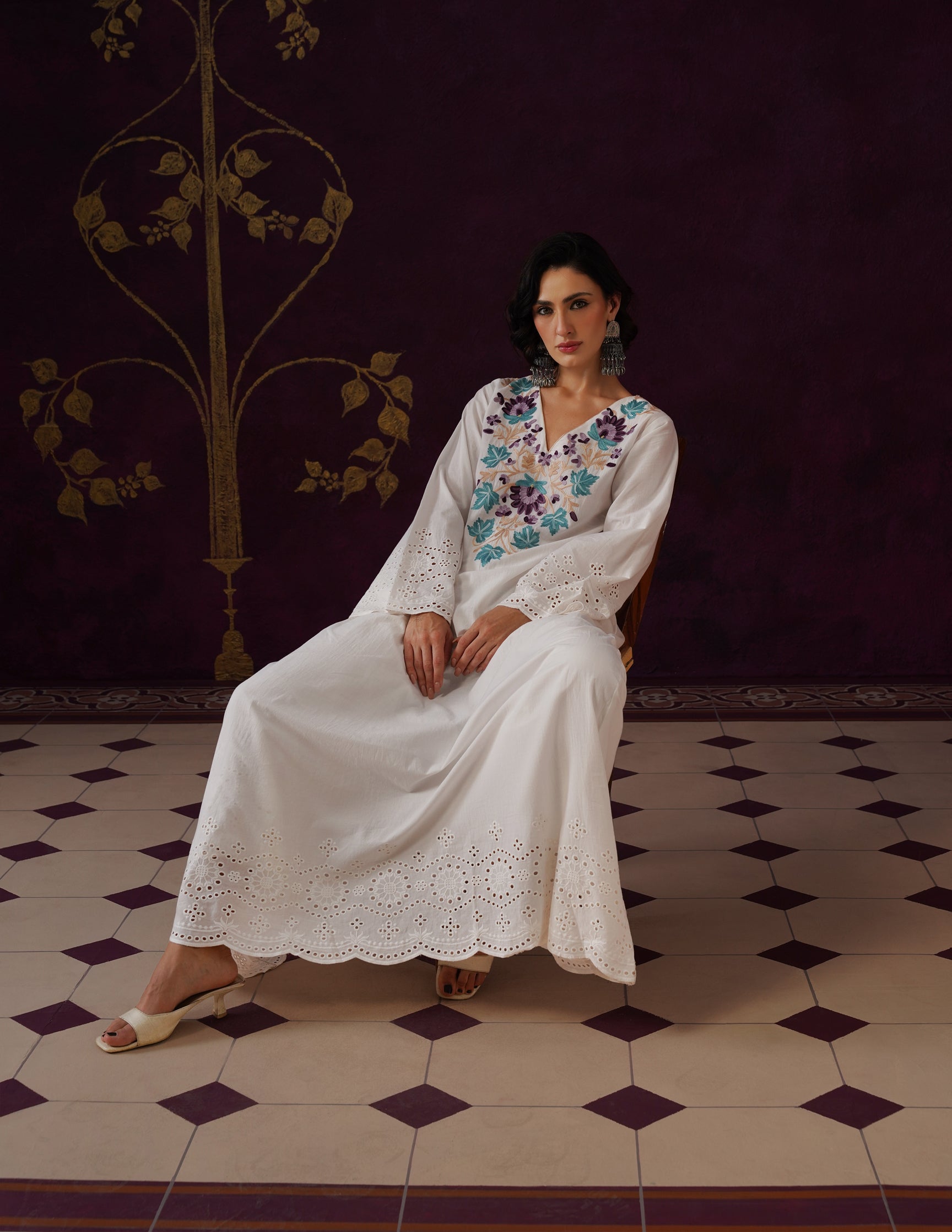 Off-White Schiffli &amp; Aari Embroidered Cambric Cotton Gown