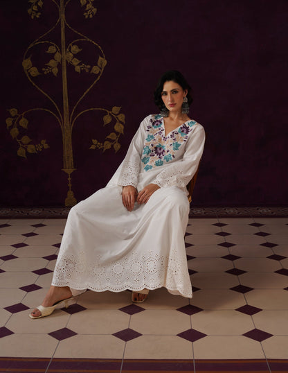 Off-White Schiffli &amp; Aari Embroidered Cambric Cotton Gown