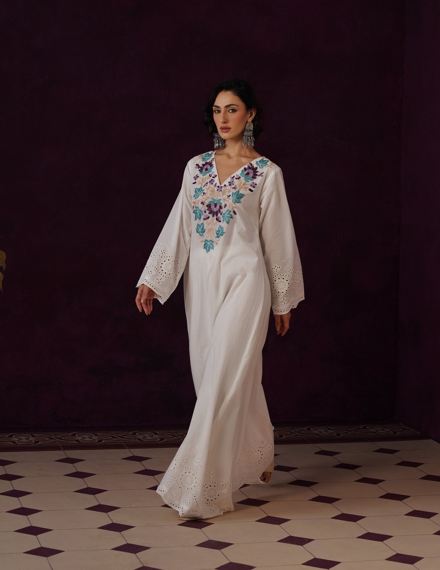 Off-White Schiffli &amp; Aari Embroidered Cambric Cotton Gown