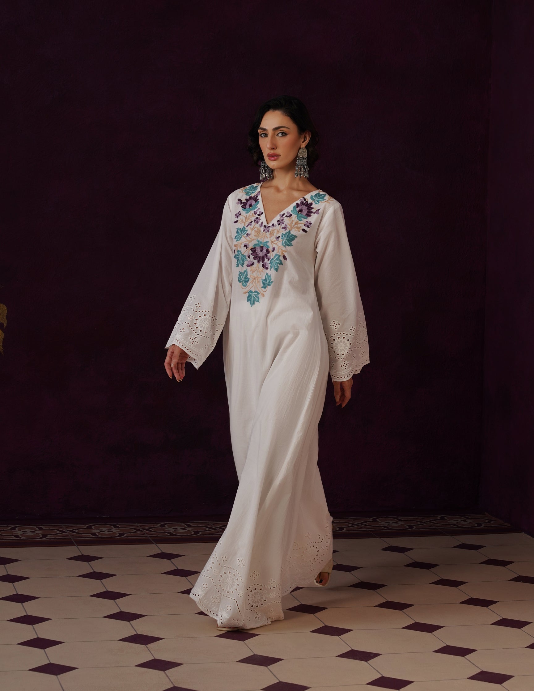 Off-White Schiffli &amp; Aari Embroidered Cambric Cotton Gown