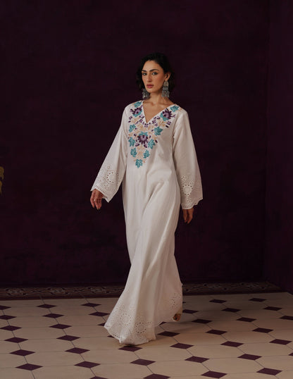 Off-White Schiffli &amp; Aari Embroidered Cambric Cotton Gown