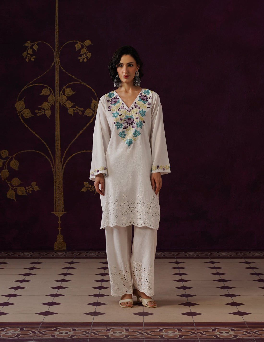 Off-White Schiffli &amp; Aari Embroidered Cambric Cotton Co-ord Set