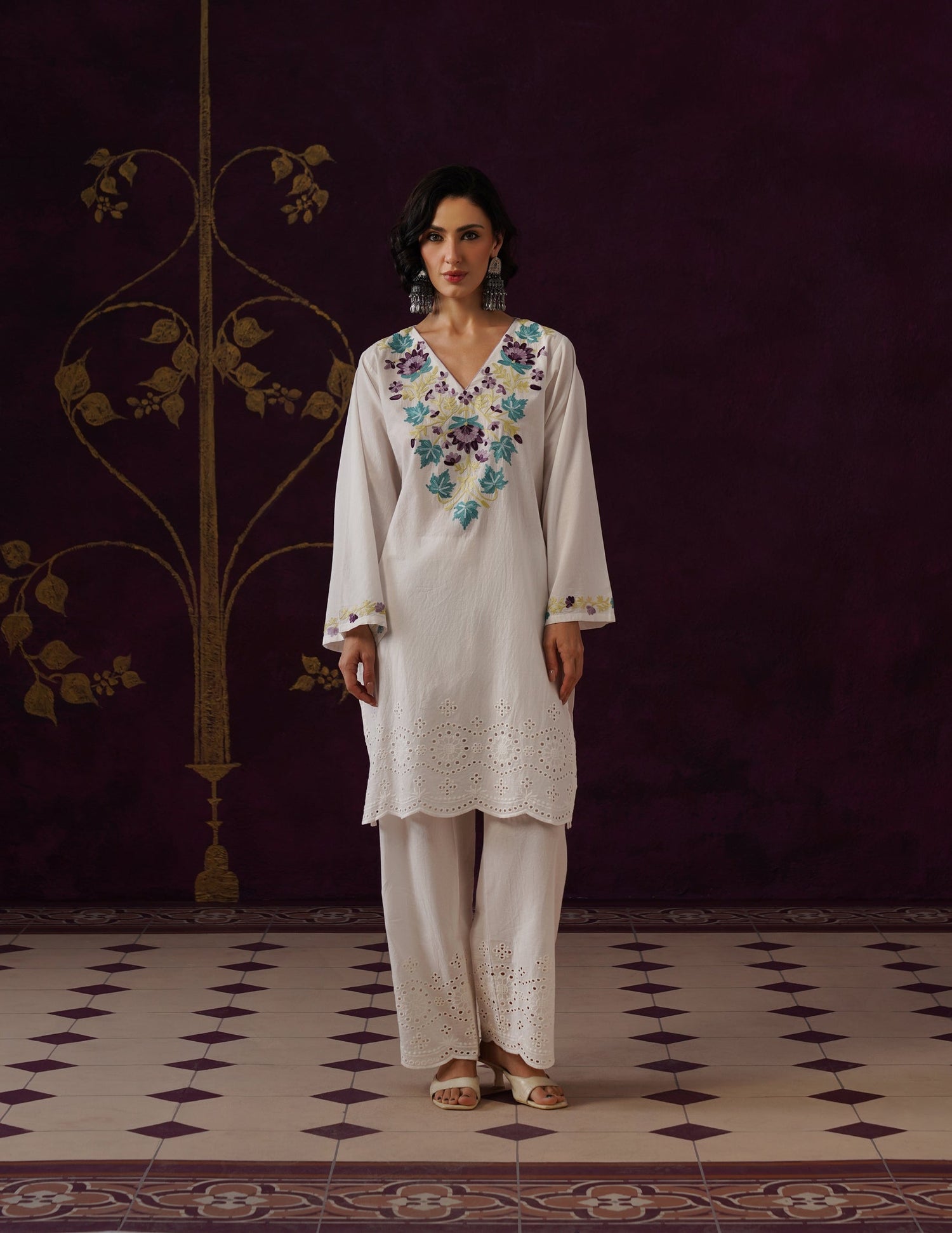 Off-White Schiffli &amp; Aari Embroidered Cambric Cotton Co-ord Set
