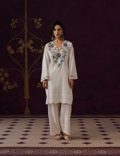 Off-White Schiffli &amp; Aari Embroidered Cambric Cotton Co-ord Set