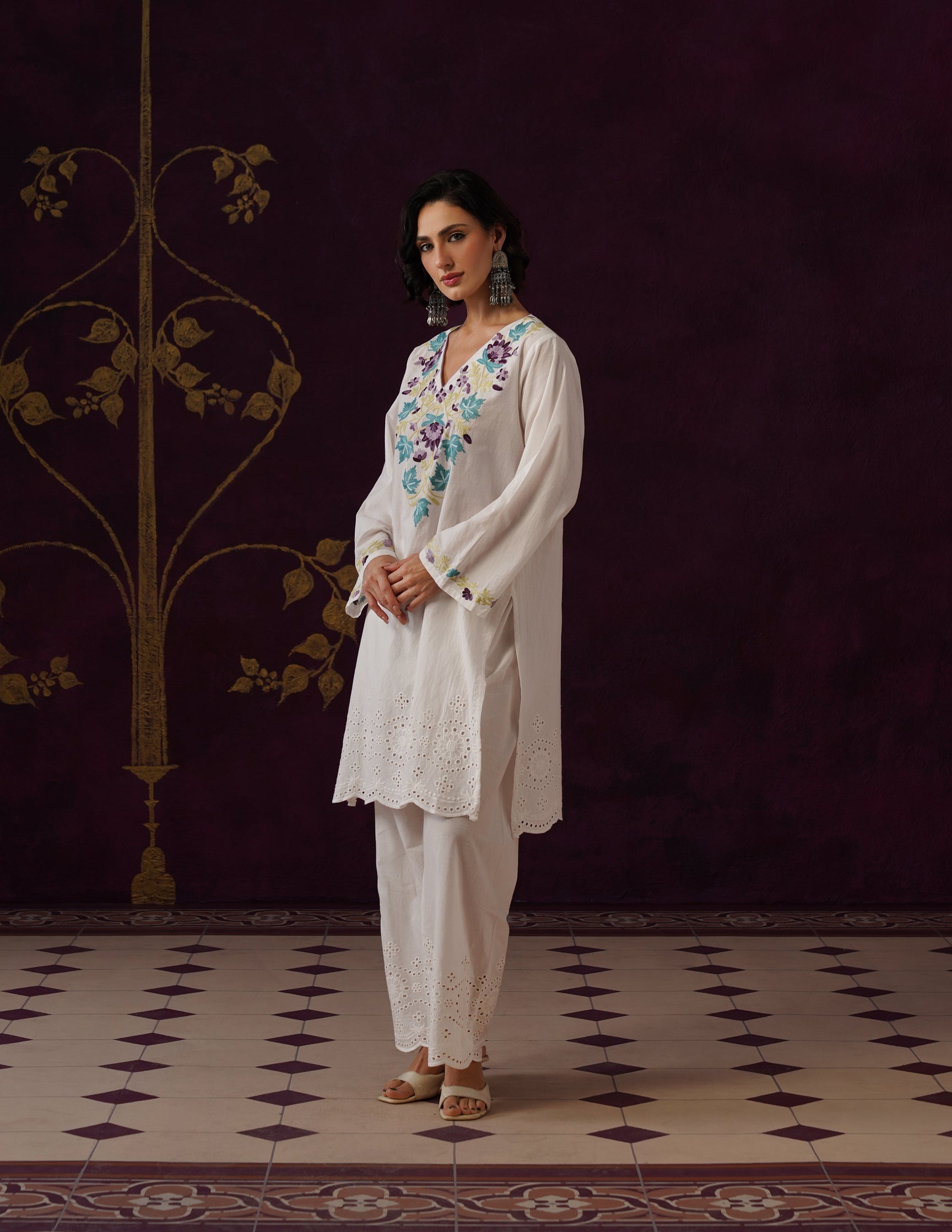 Off-White Schiffli &amp; Aari Embroidered Cambric Cotton Co-ord Set