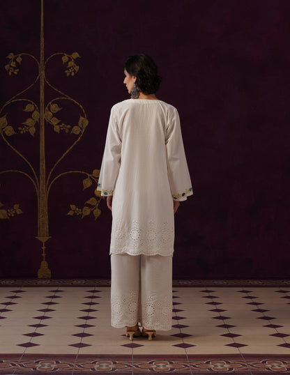 Off-White Schiffli &amp; Aari Embroidered Cambric Cotton Co-ord Set