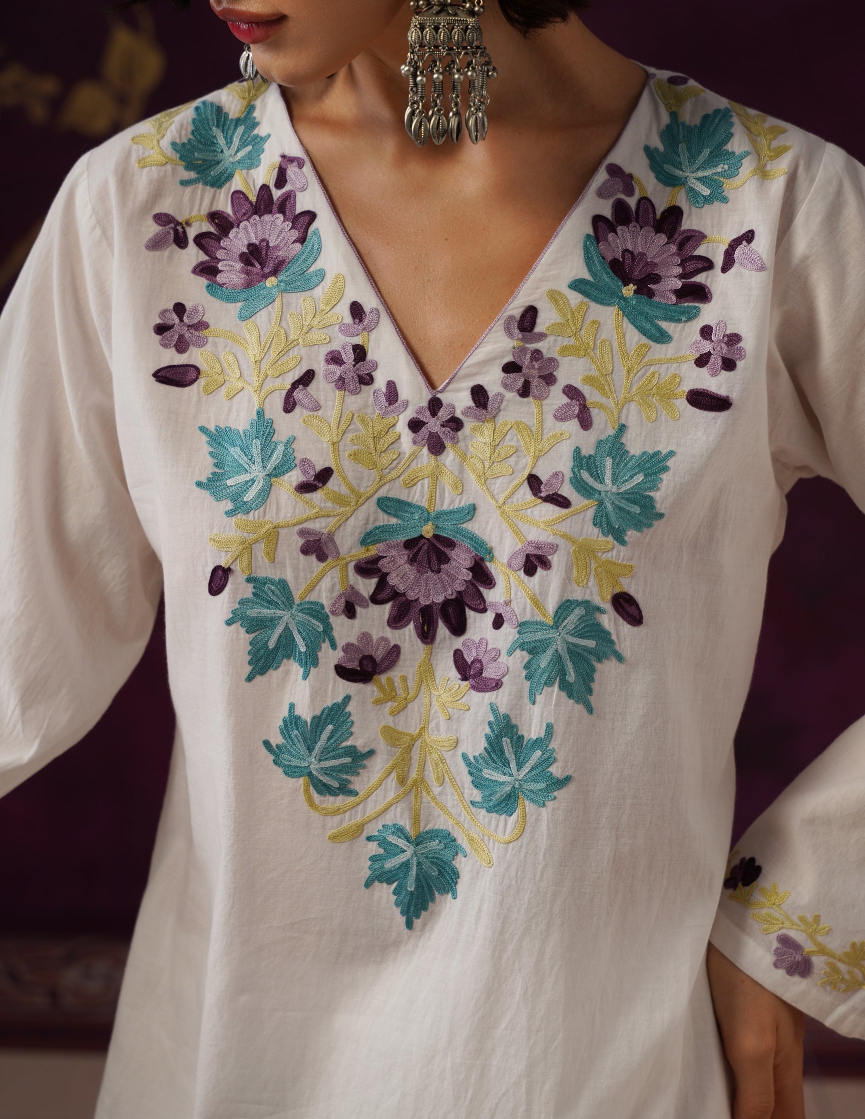 Off-White Schiffli &amp; Aari Embroidered Cambric Cotton Co-ord Set