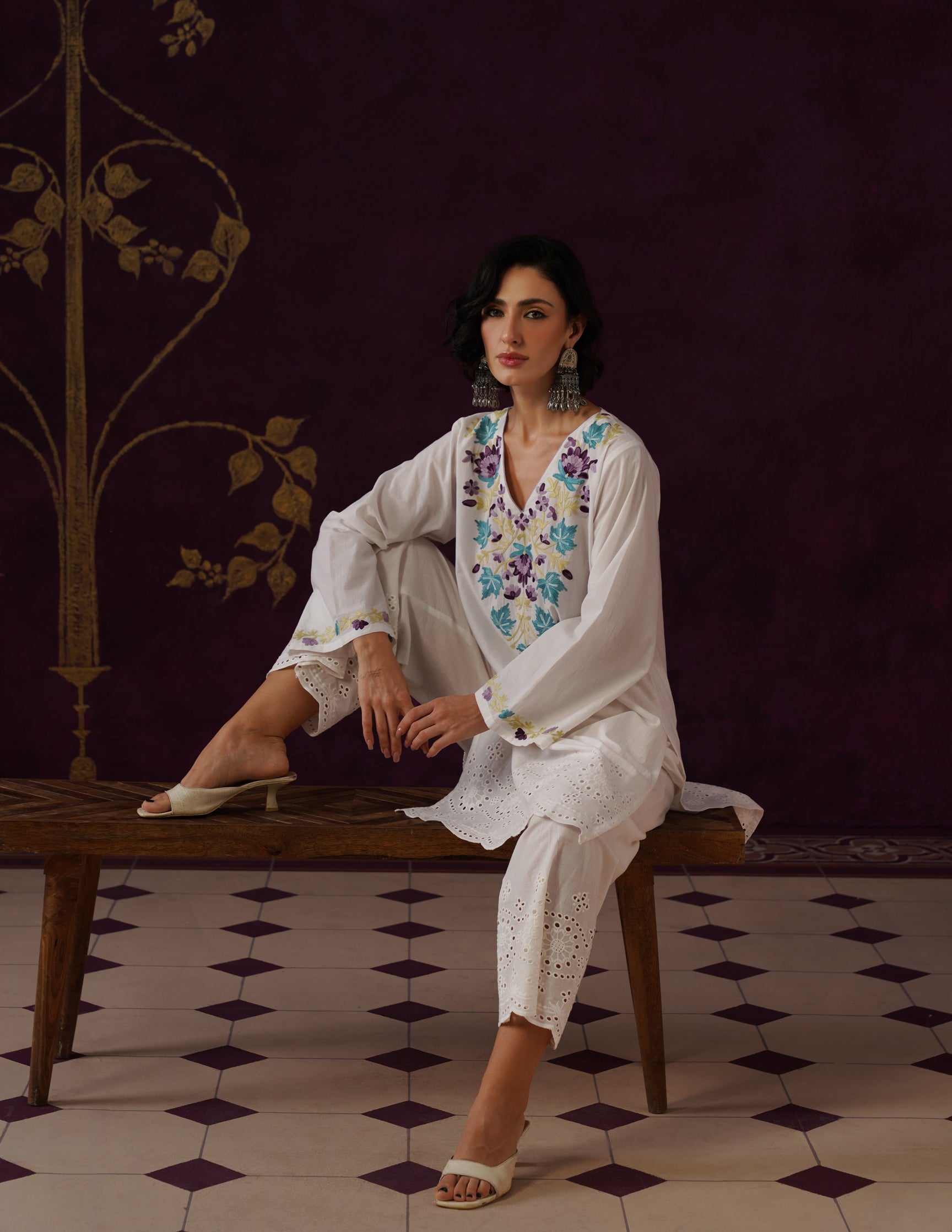 Off-White Schiffli &amp; Aari Embroidered Cambric Cotton Co-ord Set