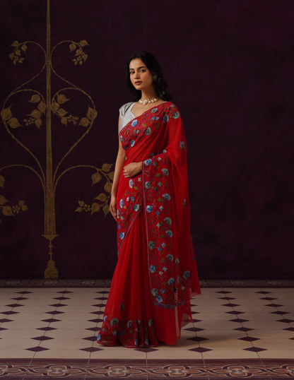 Kashmiri Aari Embroidered Georgette Saree – Red