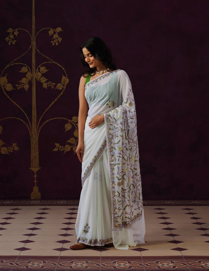 Kashmiri Aari Embroidered Georgette Saree – Off-White