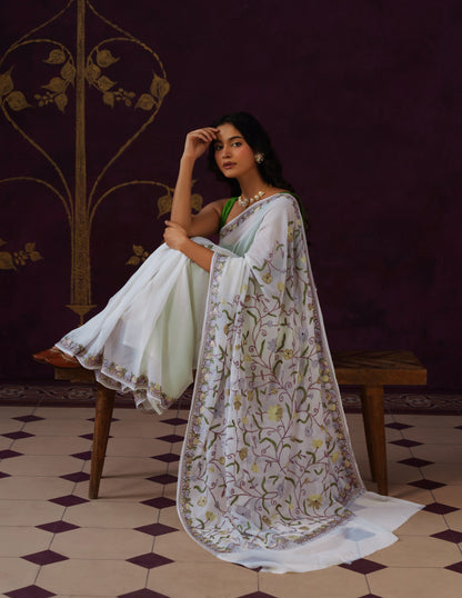 Kashmiri Aari Embroidered Georgette Saree – Off-White