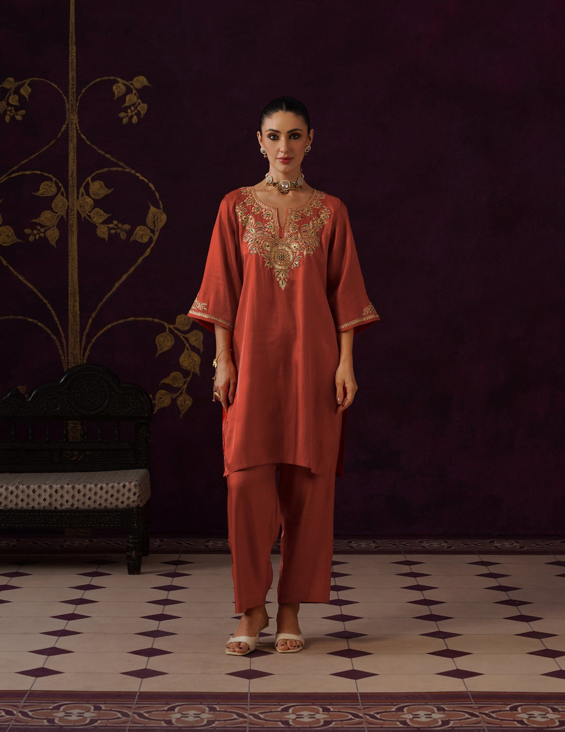 Kashmiri Tilla &amp; Thread Embroidered Silk Co-ord Set – Rust Orange
