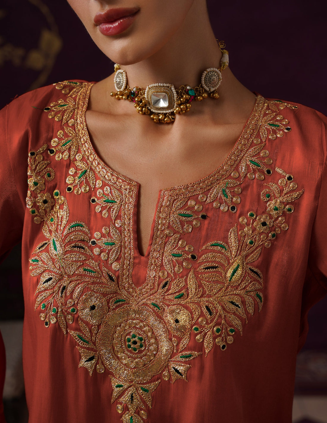 Kashmiri Tilla &amp; Thread Embroidered Silk Co-ord Set – Rust Orange