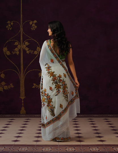 Kashmiri Aari Embroidered Georgette Saree – Off-White