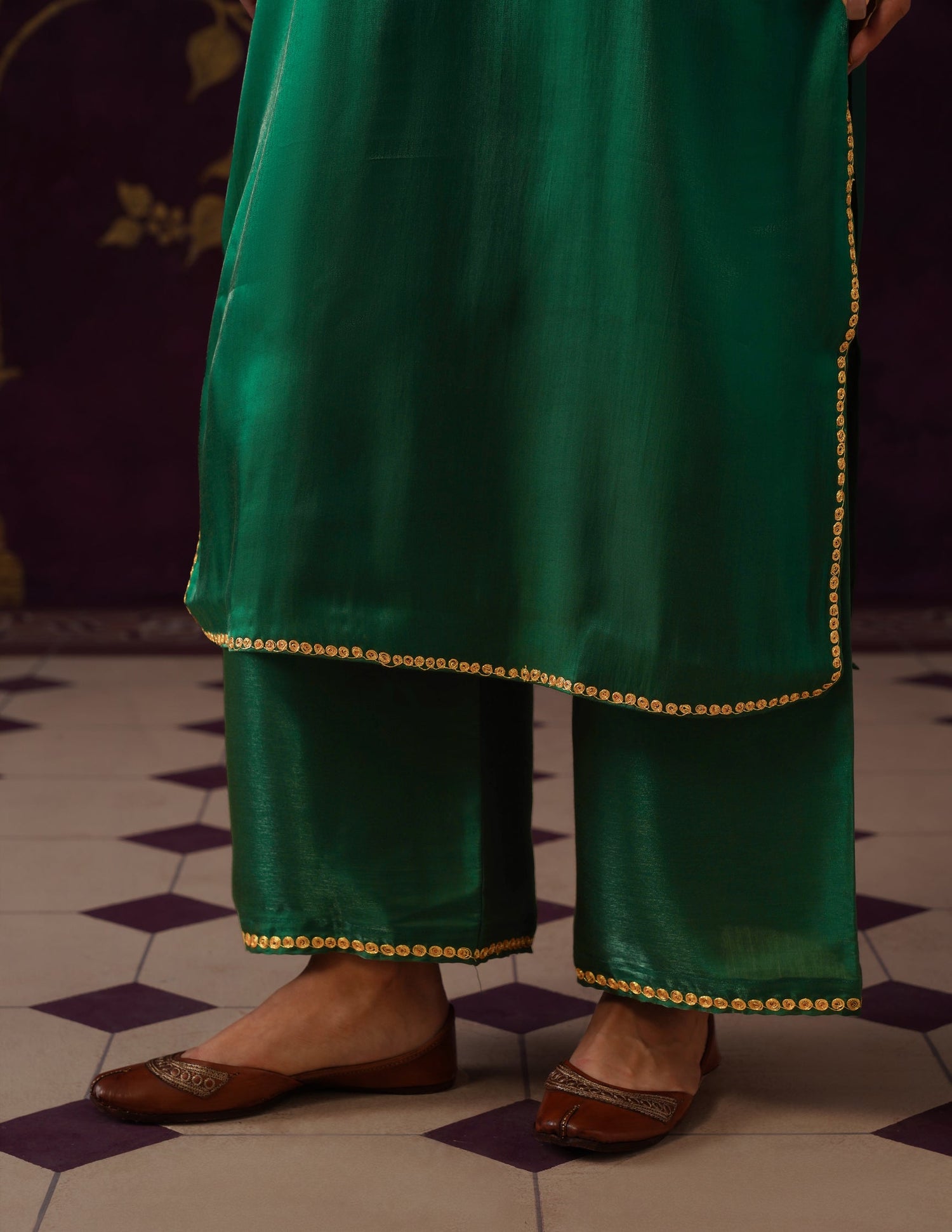 Kashmiri Tilla Embroidered Silk Co-ord Set – Bottle Green