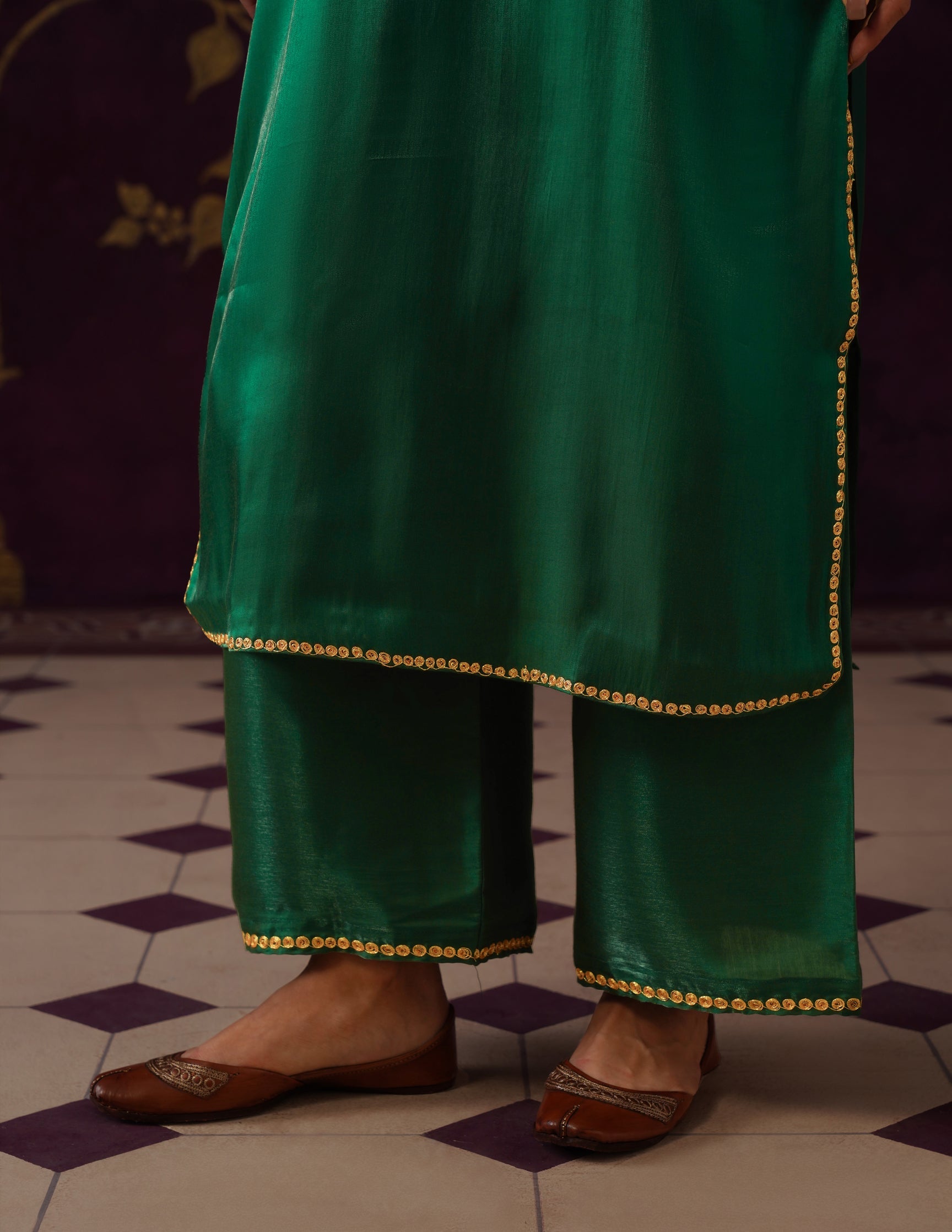 Kashmiri Tilla Embroidered Silk Co-ord Set – Bottle Green
