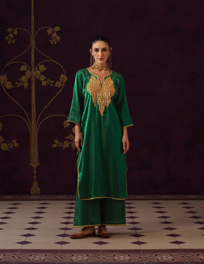 Kashmiri Tilla Embroidered Silk Co-ord Set – Bottle Green