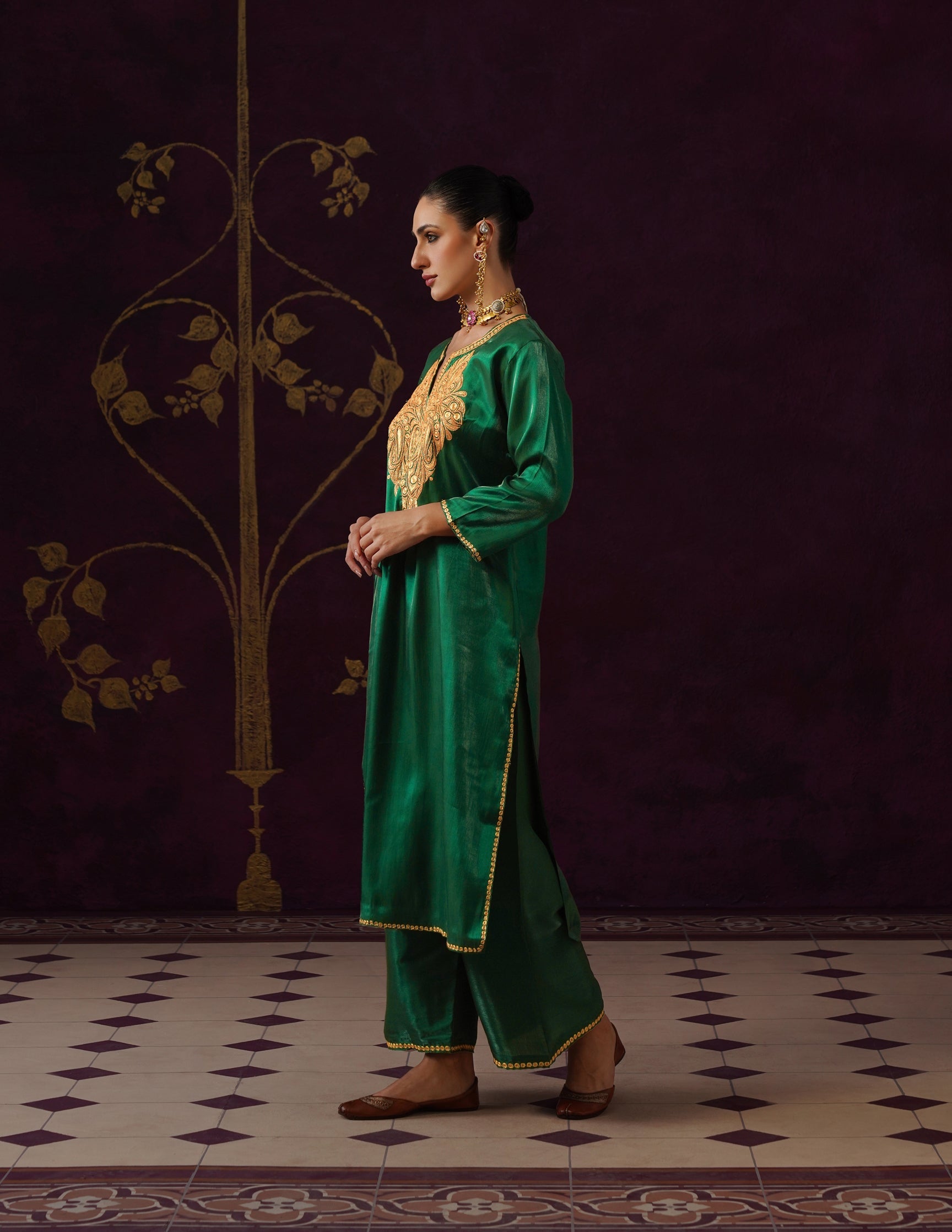 Kashmiri Tilla Embroidered Silk Co-ord Set – Bottle Green