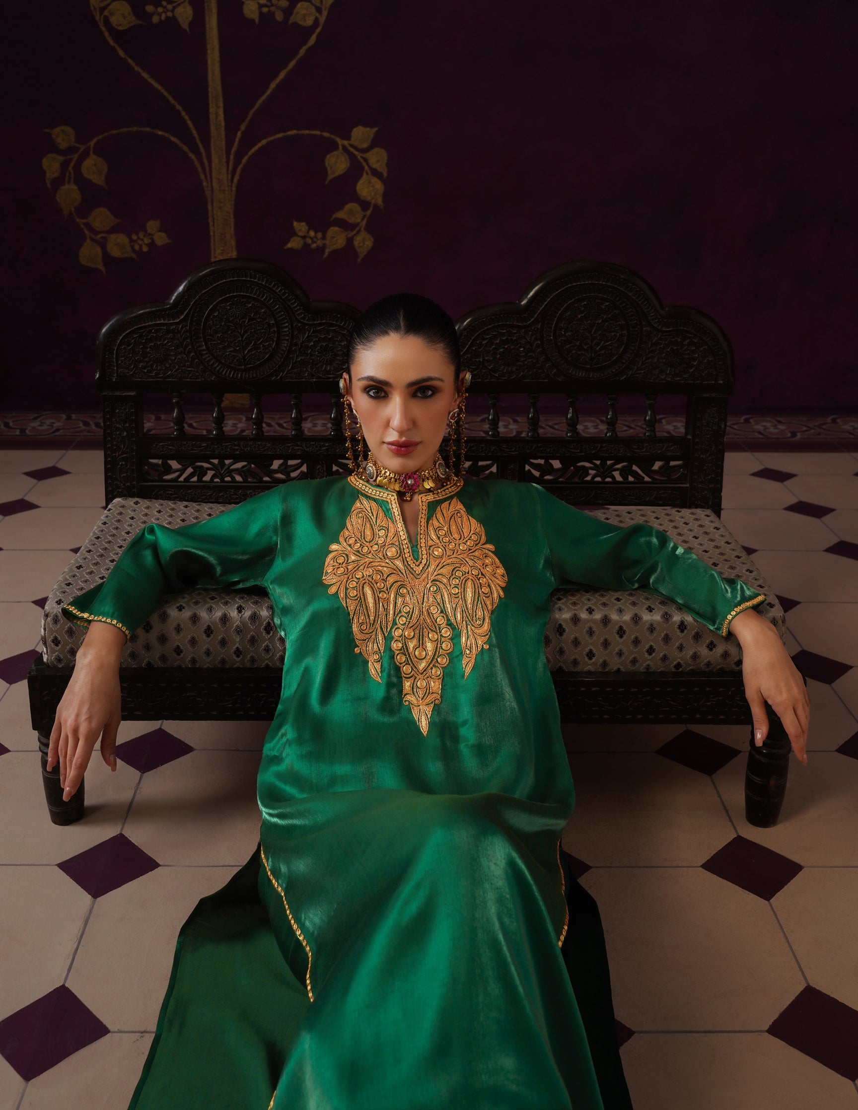 Kashmiri Tilla Embroidered Silk Co-ord Set – Bottle Green