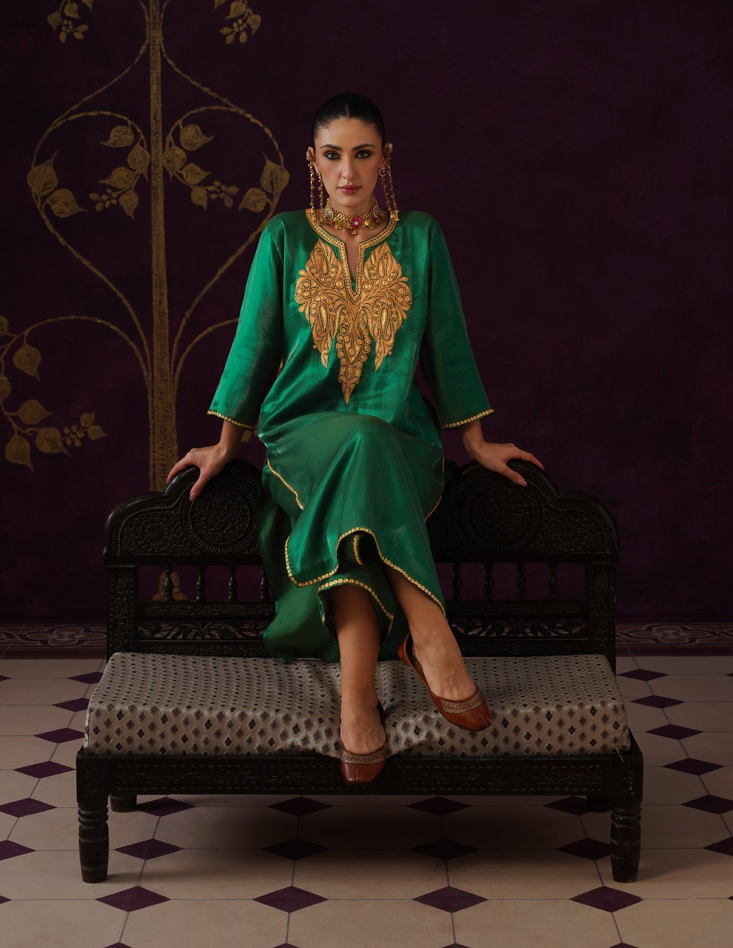 Kashmiri Tilla Embroidered Silk Co-ord Set – Bottle Green
