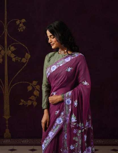 Kashmiri Aari Embroidered Georgette Saree – Burnt Burgundy