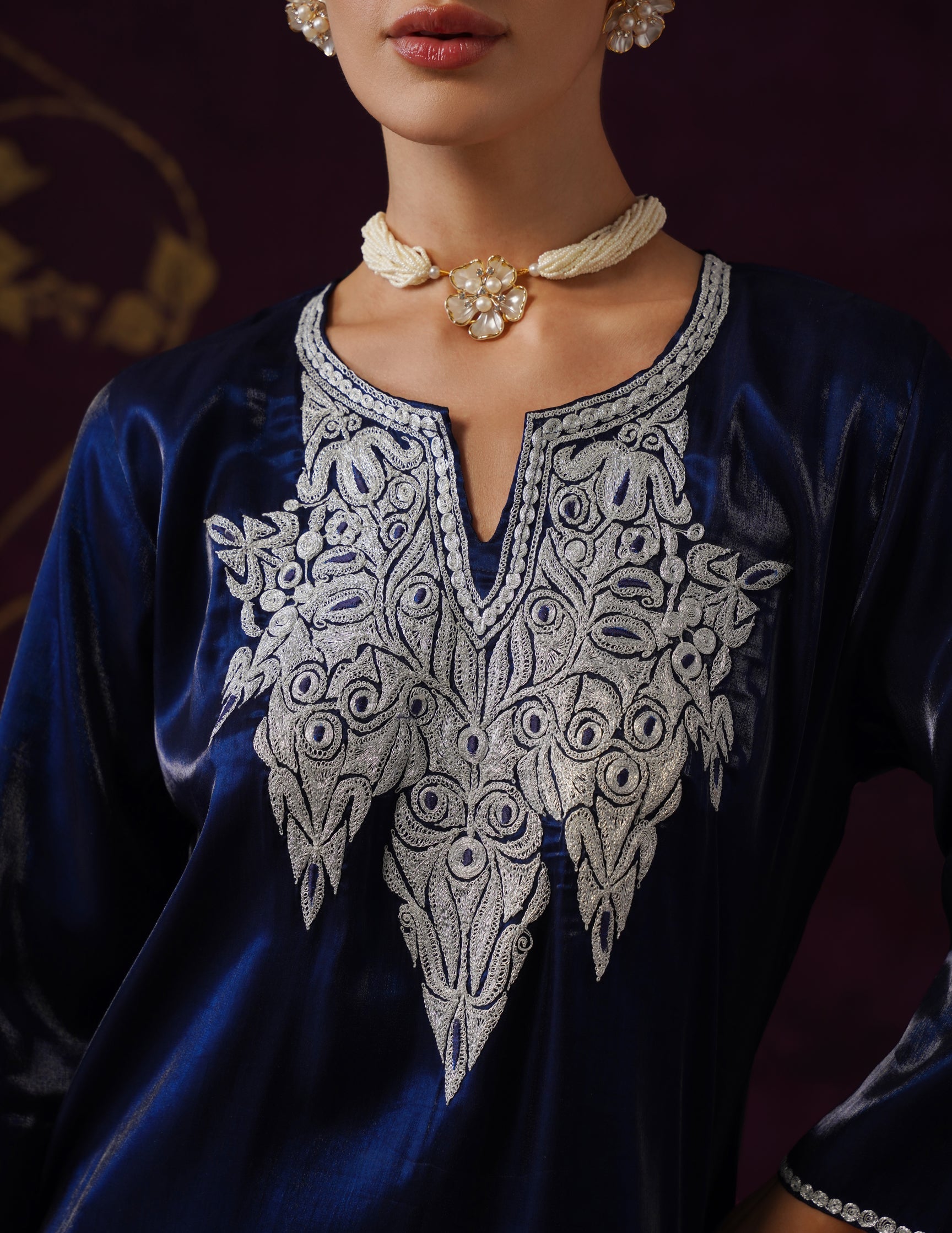 Kashmiri Tilla &amp; Thread Embroidered Silk Co-ord Set – Midnight Blue