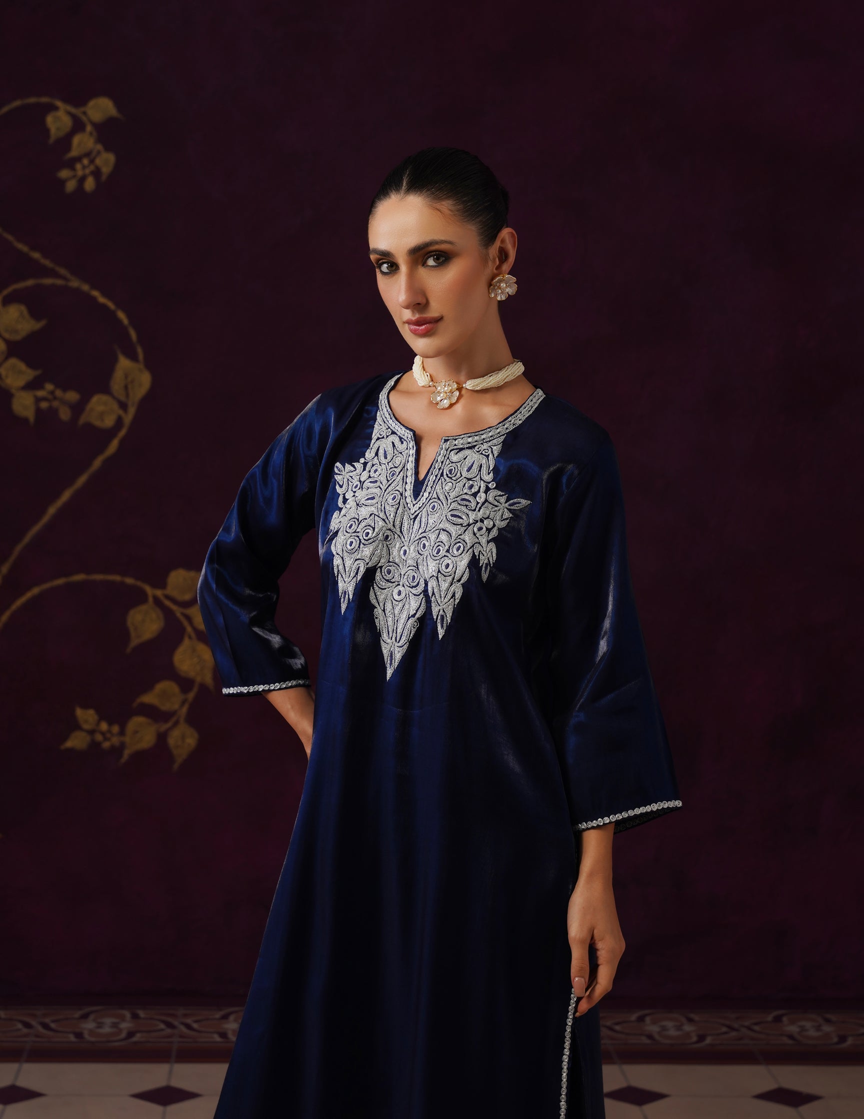 Kashmiri Tilla &amp; Thread Embroidered Silk Co-ord Set – Midnight Blue