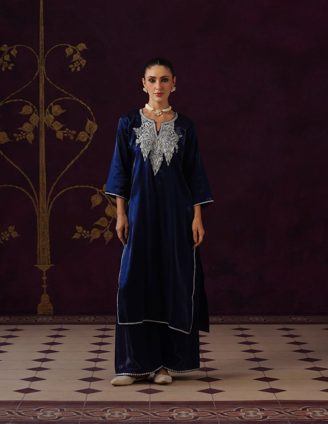 Kashmiri Tilla &amp; Thread Embroidered Silk Co-ord Set – Midnight Blue