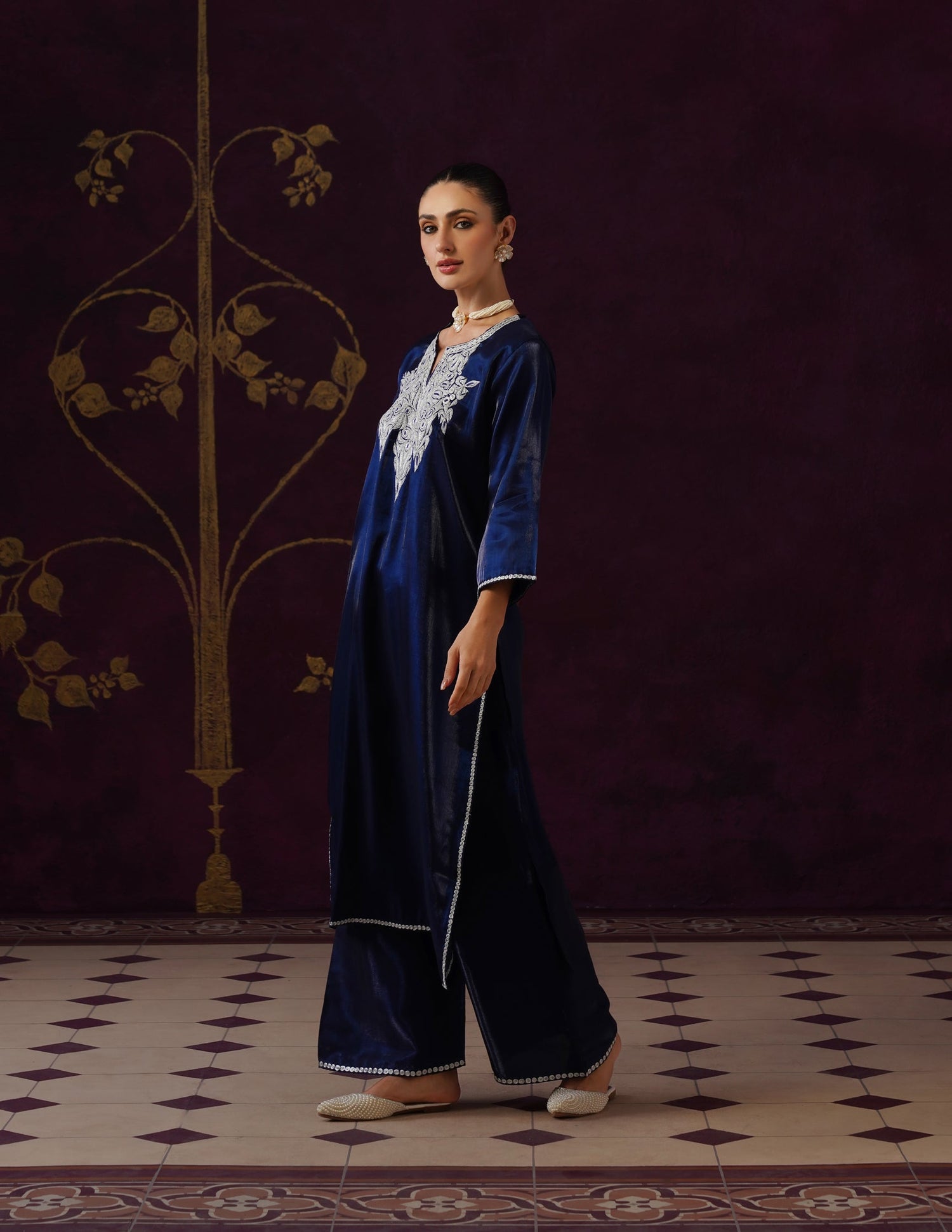 Kashmiri Tilla &amp; Thread Embroidered Silk Co-ord Set – Midnight Blue