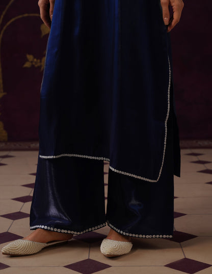 Kashmiri Tilla &amp; Thread Embroidered Silk Co-ord Set – Midnight Blue
