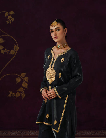 Kashmiri Tilla Embroidered Silk Co-ord Set – Black