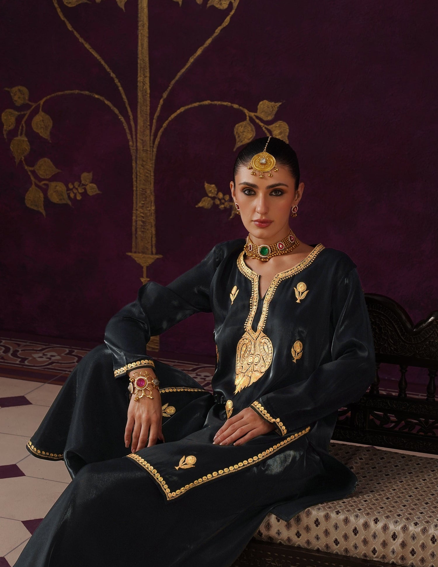 Kashmiri Tilla Embroidered Silk Co-ord Set – Black
