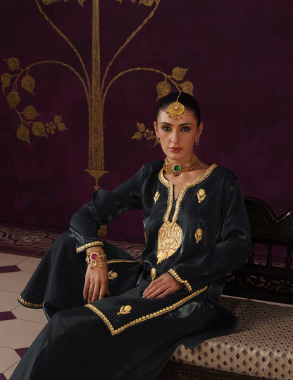 Kashmiri Tilla Embroidered Silk Co-ord Set – Black