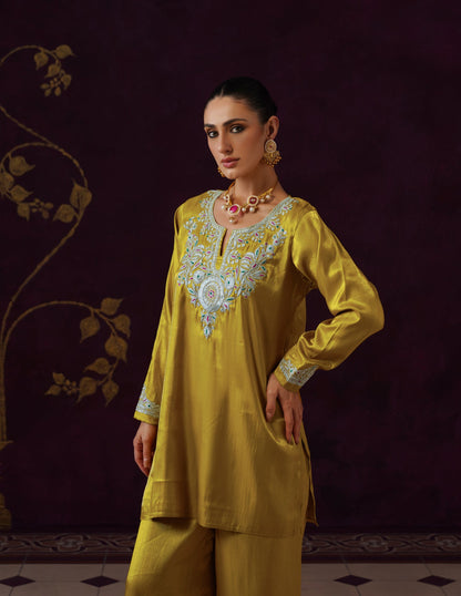 Kashmiri Tilla &amp; Thread Embroidered Silk Co-ord Set – Mustard Yellow