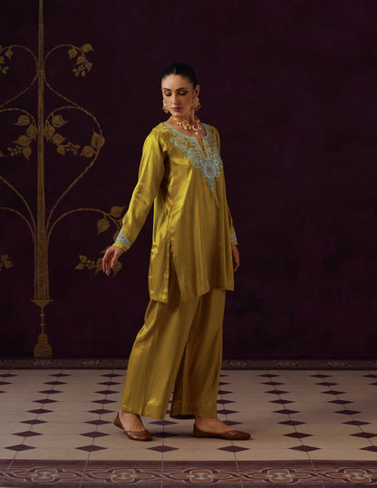 Kashmiri Tilla &amp; Thread Embroidered Silk Co-ord Set – Mustard Yellow