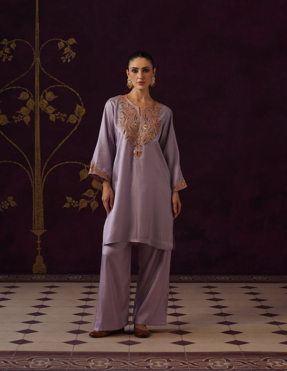 Kashmiri Tilla & Thread Embroidered Silk Co-ord Set – Dusty Lavender