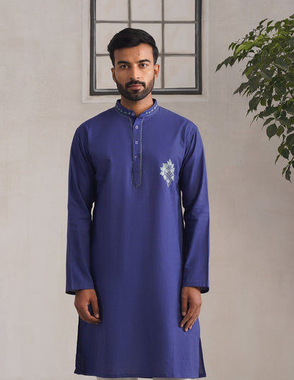 Kashmiri Sozni Chinar Motif Embroidered Linen Cotton Long Kurta – Blue | Handcrafted Heritage