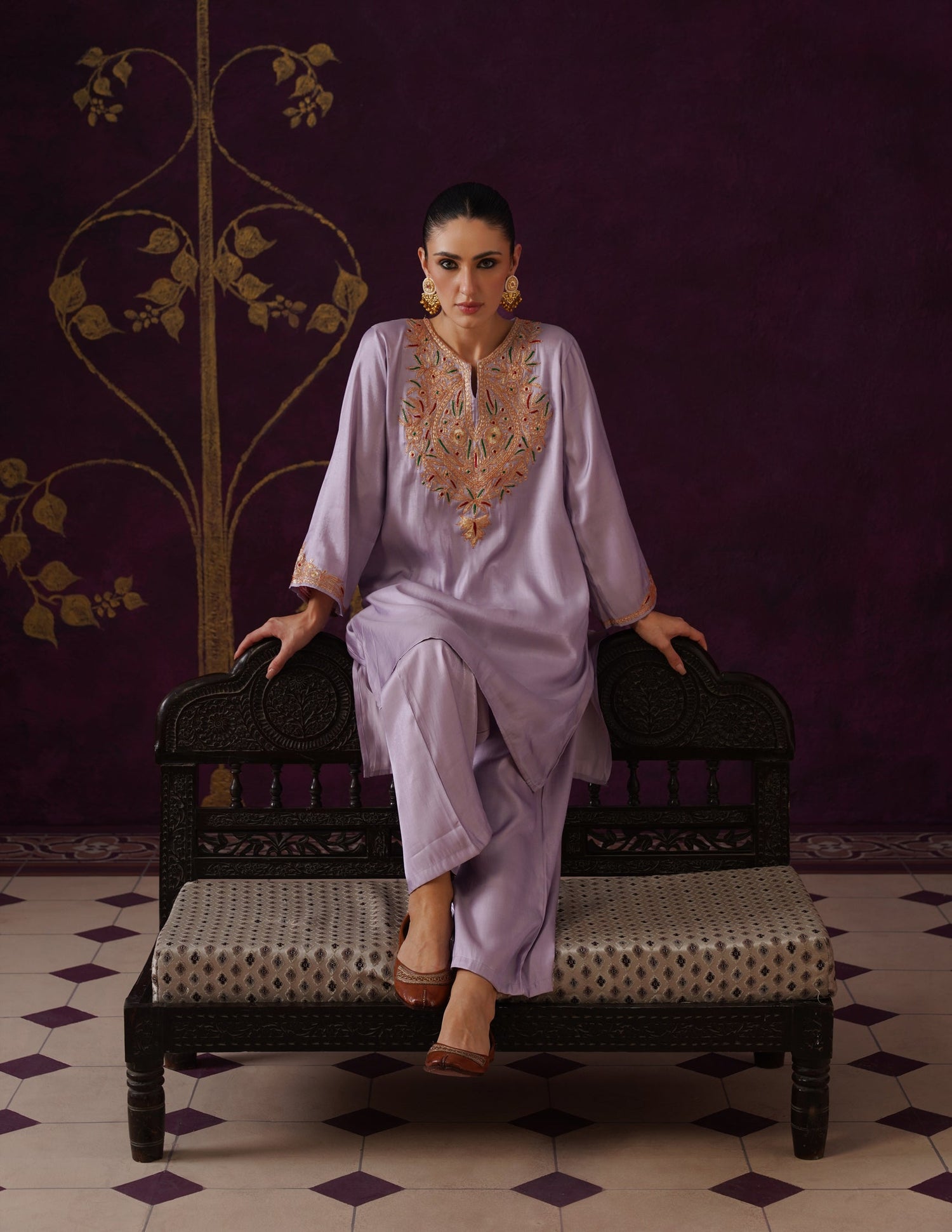 Kashmiri Tilla &amp; Thread Embroidered Silk Co-ord Set – Dusty Lavender