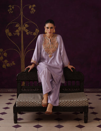 Kashmiri Tilla &amp; Thread Embroidered Silk Co-ord Set – Dusty Lavender