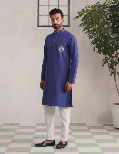 Kashmiri Sozni Chinar Motif Embroidered Linen Cotton Long Kurta – Blue | Handcrafted Heritage - Kashmir Box