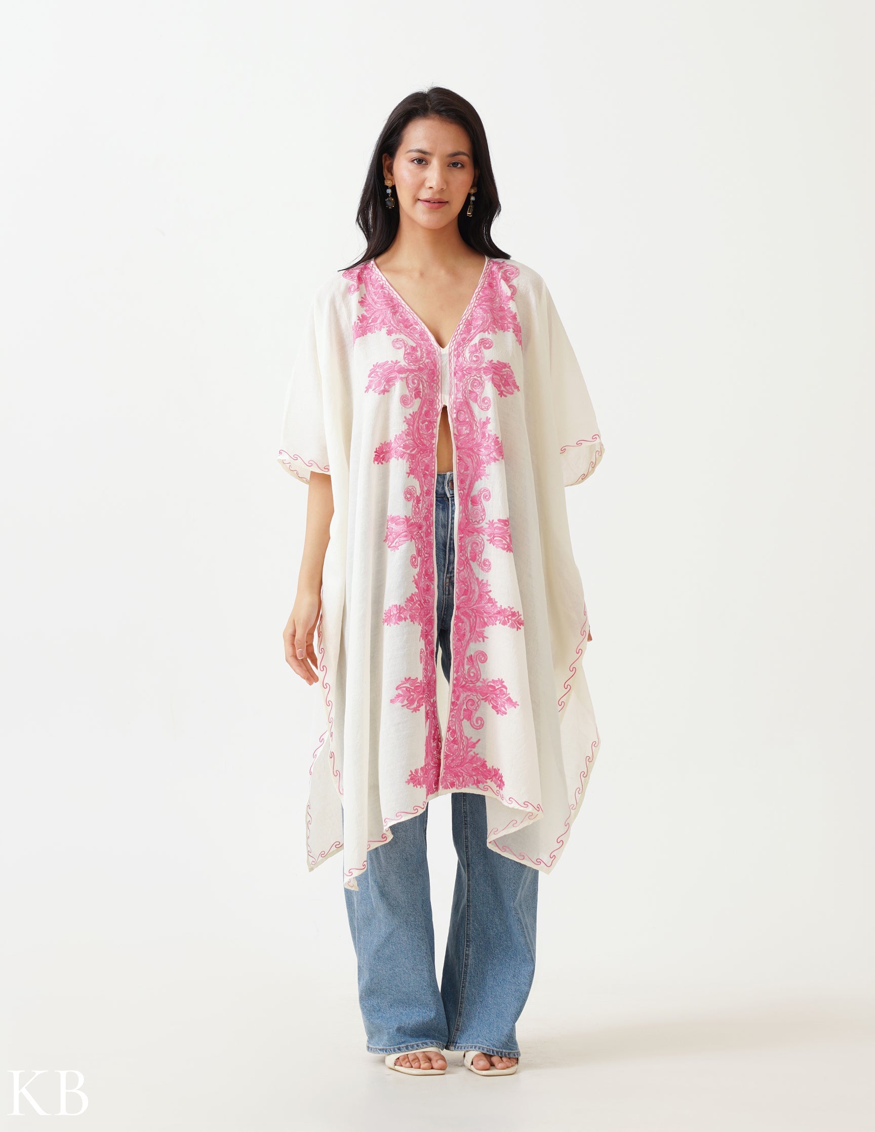 White Aari Embellished Cotton Kaftan - Kashmir Box