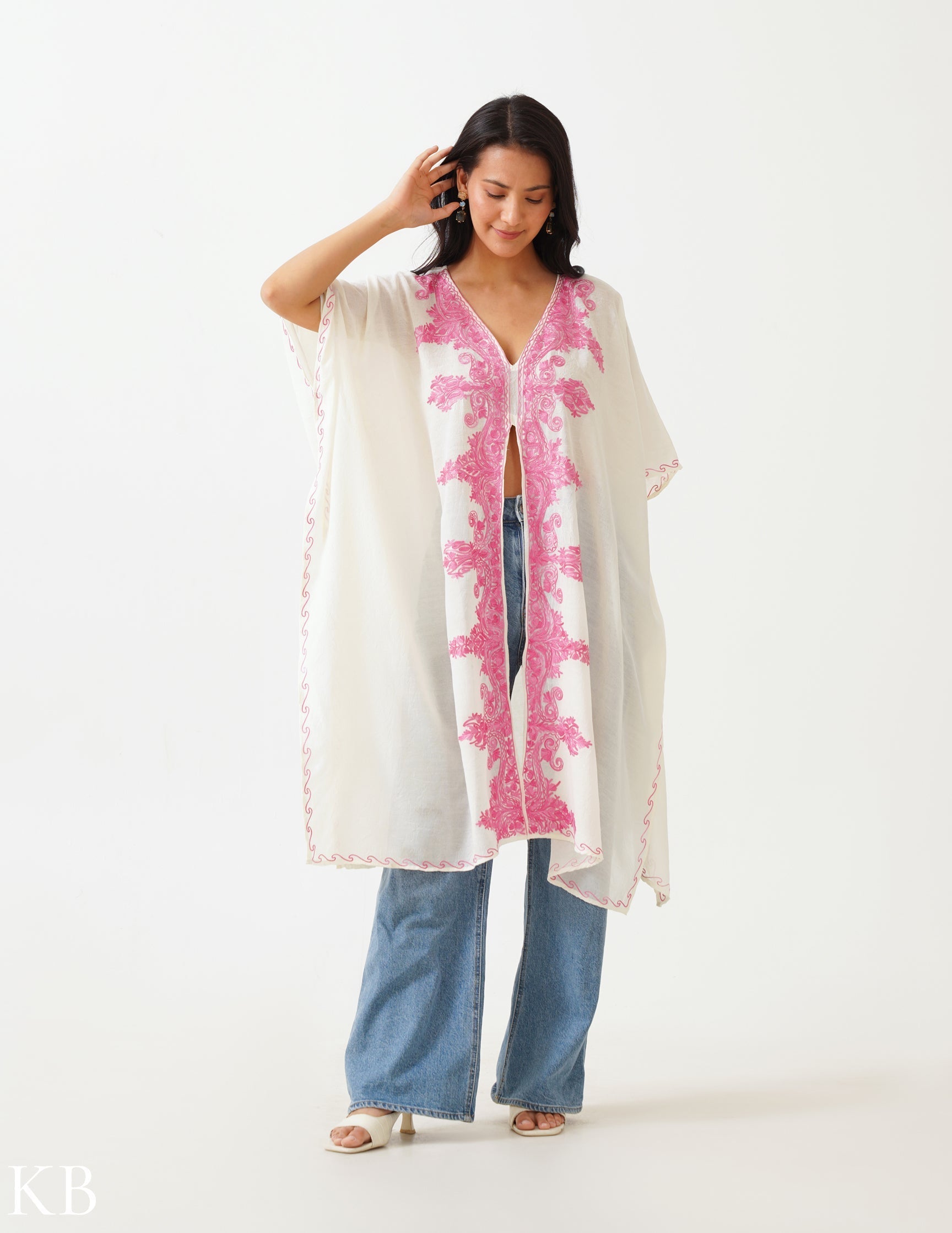 White Aari Embellished Summer Cotton Kaftan - Kashmir Box