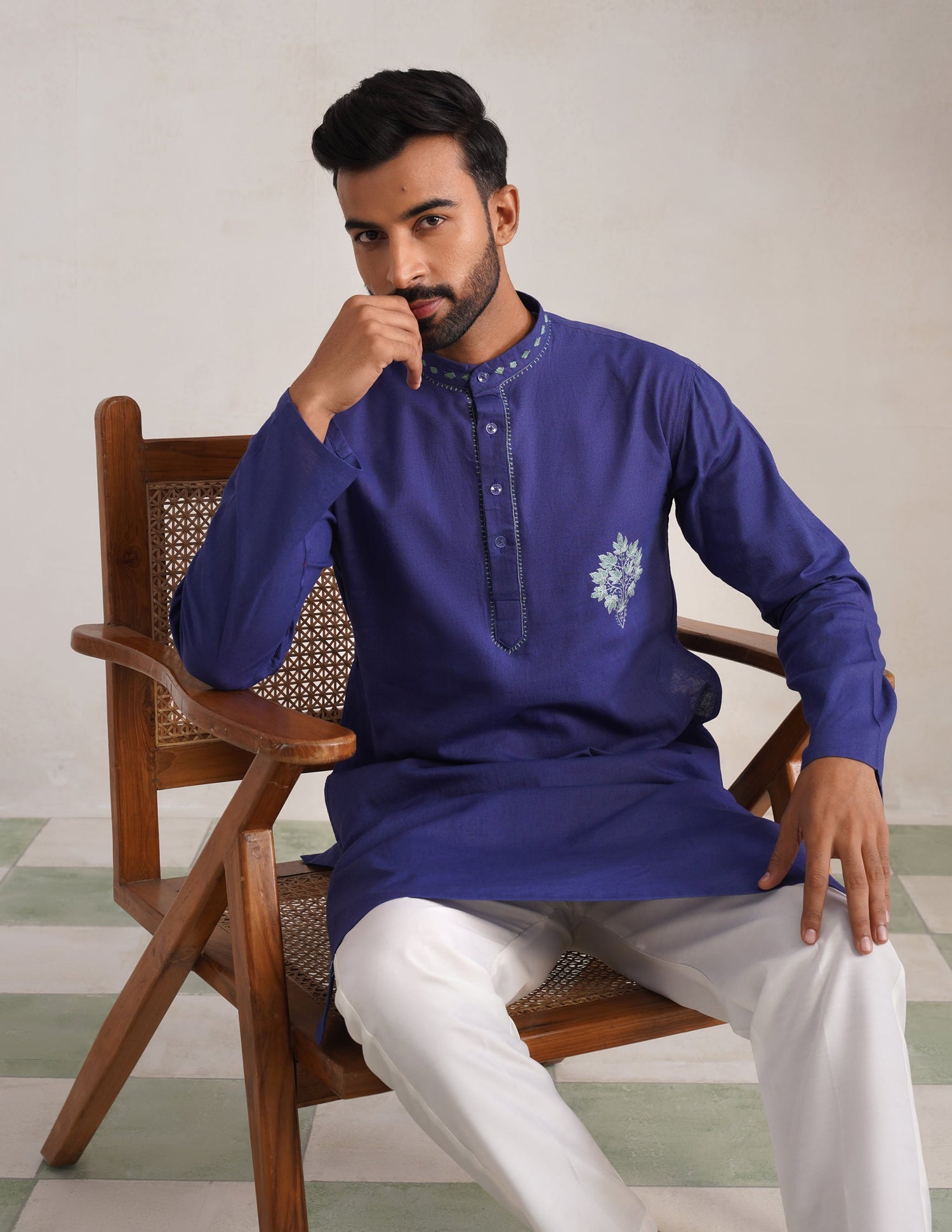 Kashmiri Sozni Chinar Motif Embroidered Linen Cotton Long Kurta – Blue | Handcrafted Heritage - Kashmir Box