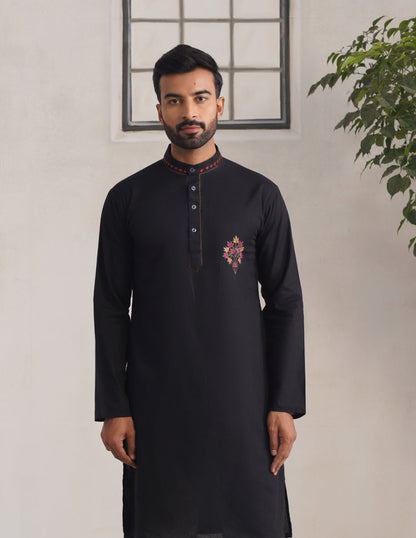 Kashmiri Sozni Multicolour Chinar Linen Cotton Long Kurta – Black | Handcrafted Heritage