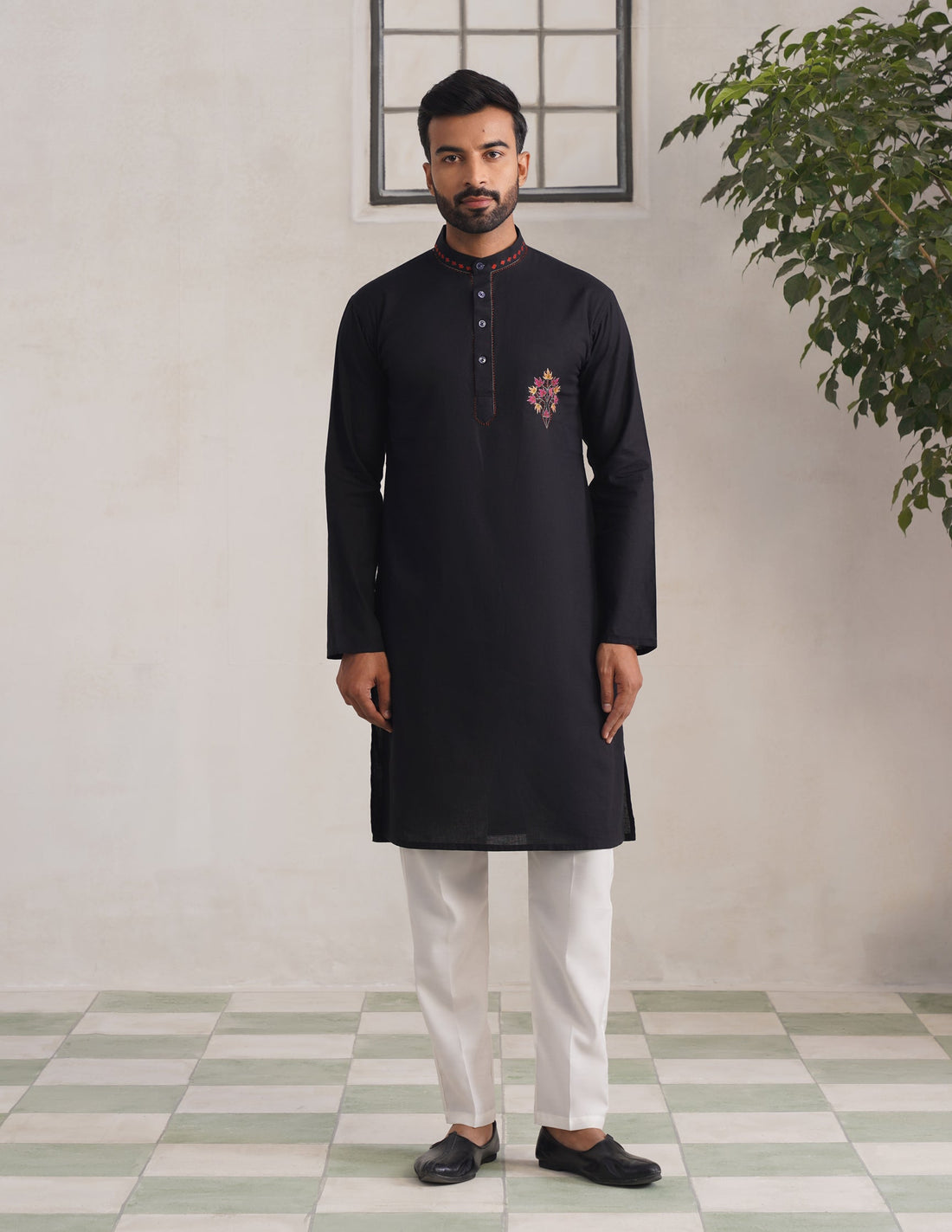 Kashmiri Sozni Multicolour Chinar Linen Cotton Long Kurta – Black | Handcrafted Heritage - Kashmir Box