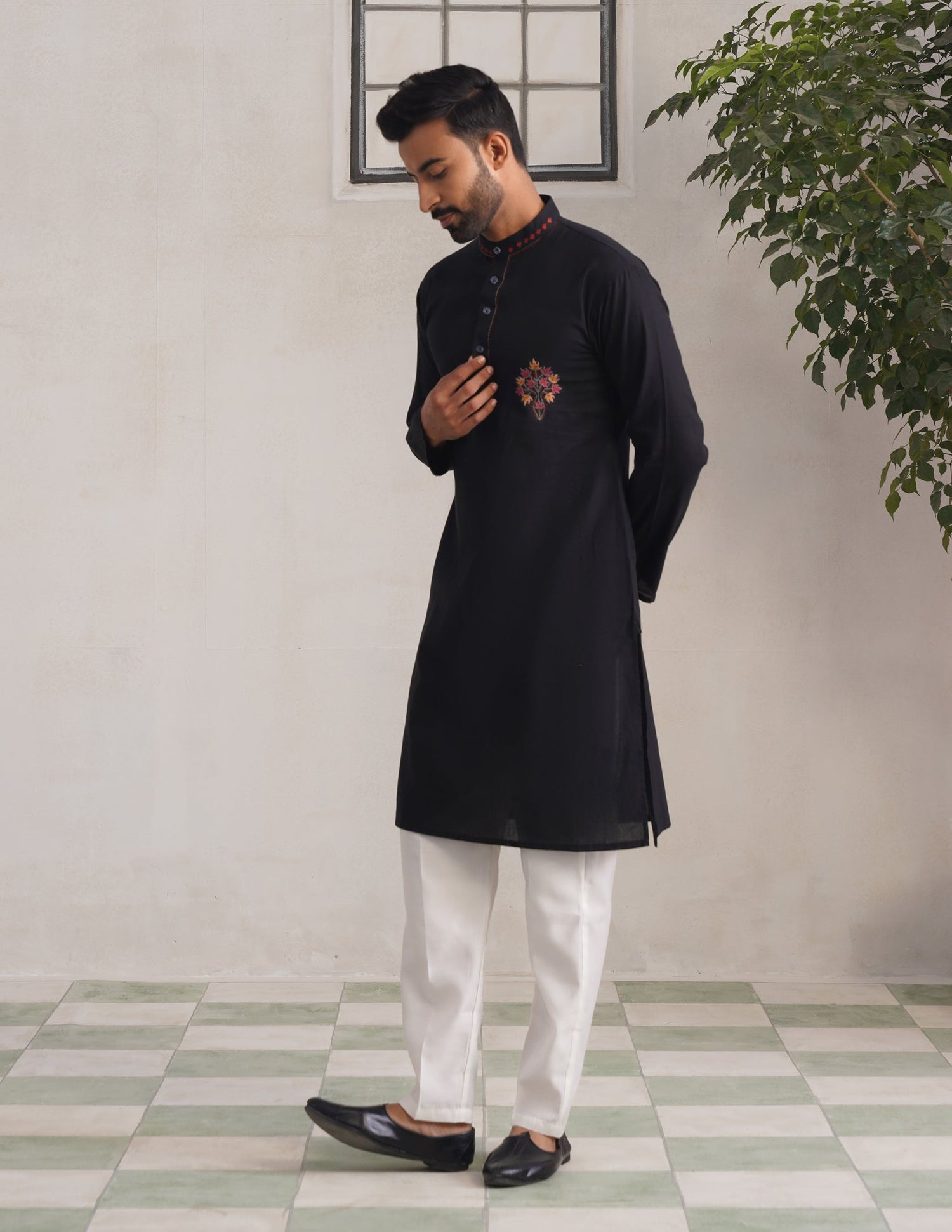 Kashmiri Sozni Multicolour Chinar Linen Cotton Long Kurta – Black | Handcrafted Heritage - Kashmir Box