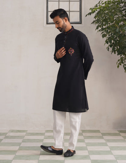 Kashmiri Sozni Multicolour Chinar Linen Cotton Long Kurta – Black | Handcrafted Heritage - Kashmir Box