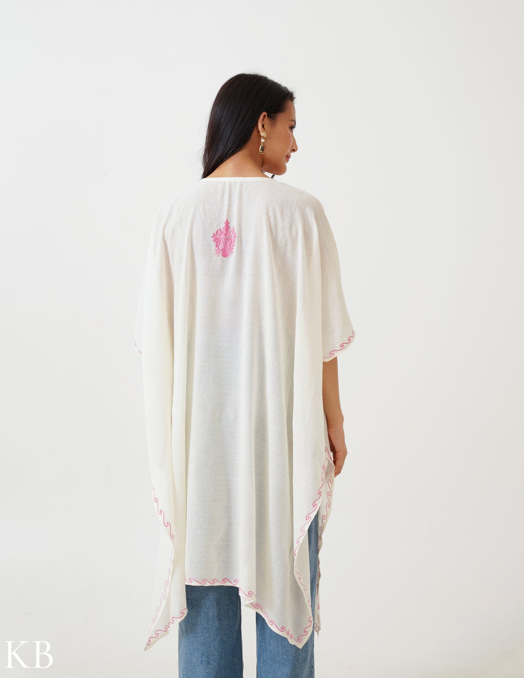 White Aari Embellished Summer Cotton Kaftan - Kashmir Box