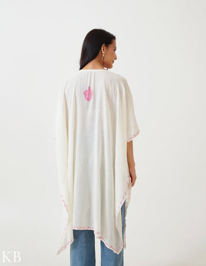 White Aari Embellished Summer Cotton Kaftan - Kashmir Box